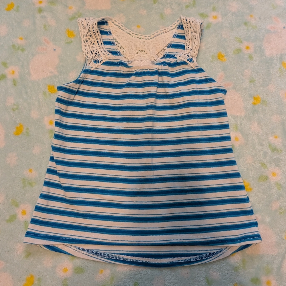 Emily Rose Blue and White Striped Crochet Back Girl's 5 Tank Top